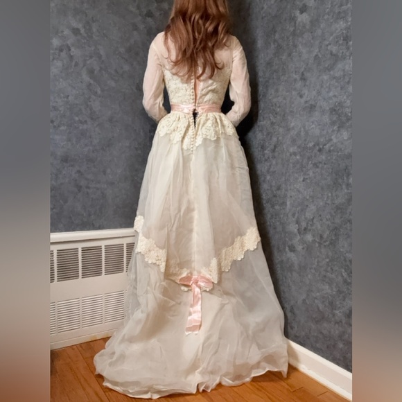 Vintage 1970s Prairie Wedding Dress – Lace, Sheer Sleeves & Pink Ribbon - Picture 3 of 6